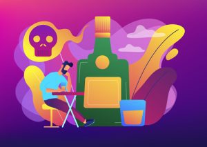 very colorful illustration of man sitting at a table drinking with visions of skulls and alcohol bottles floating around - alcohol awareness