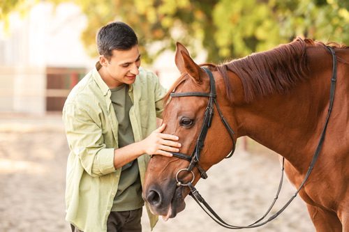 young man petting a lovely tan horse on the nose - experiential therapy