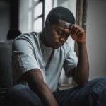 Man sitting indoors with his head resting on his hand, looking down with a serious or reflective expression, suggesting emotional distress or deep thought.